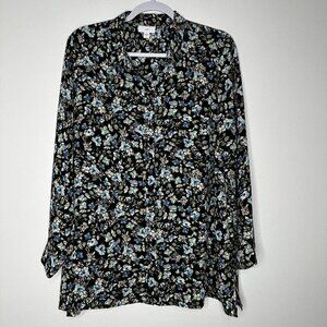 J Jill Floral Tunic Top Button Front Black‎ Blue Petite L
